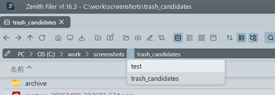 Clicking the "›" to the right of "screenshots" in the breadcrumb: the subfolders inside it (test, trash_candidates) open as a list